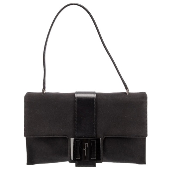 Ferragamo Vintage Y2K Rectangular Black Leather Trim Shoulder Bag - Picture 2 of 16